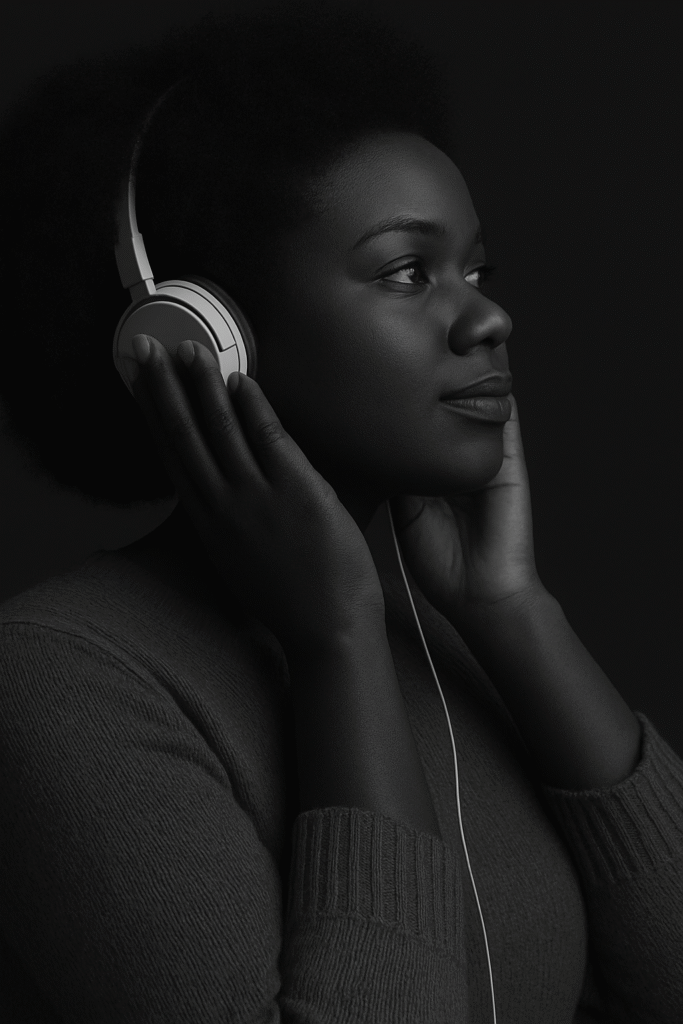 woman with headset doing podcast